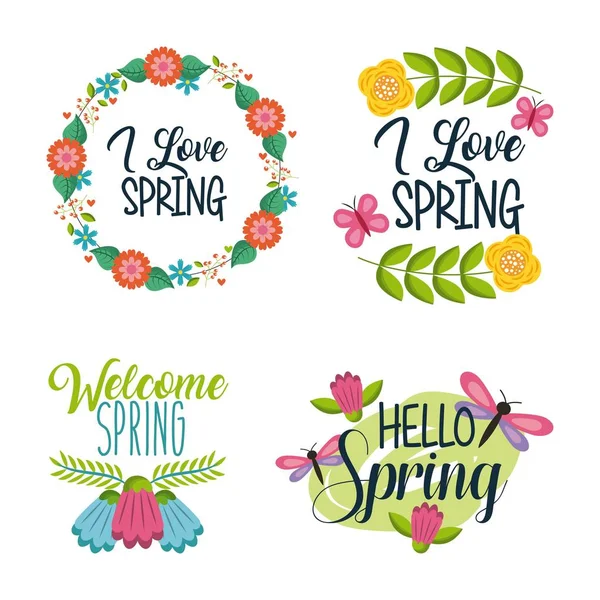 Set voorjaar typografische badges floral etiketten — Stockvector