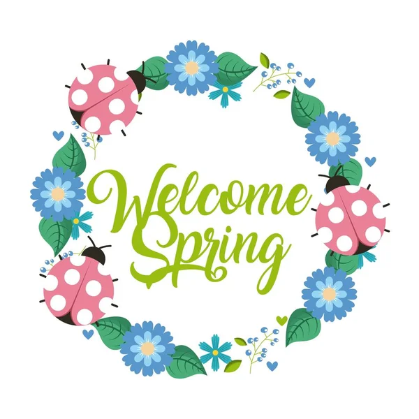 Wieniec kwiatów biedronki Witamy wiosnę ozdoba — Wektor stockowy