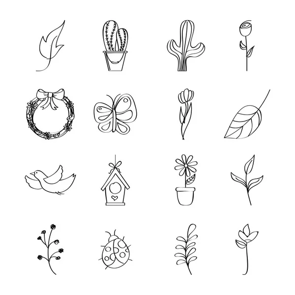 Bosquejado iconos decoración primavera temporada — Vector de stock