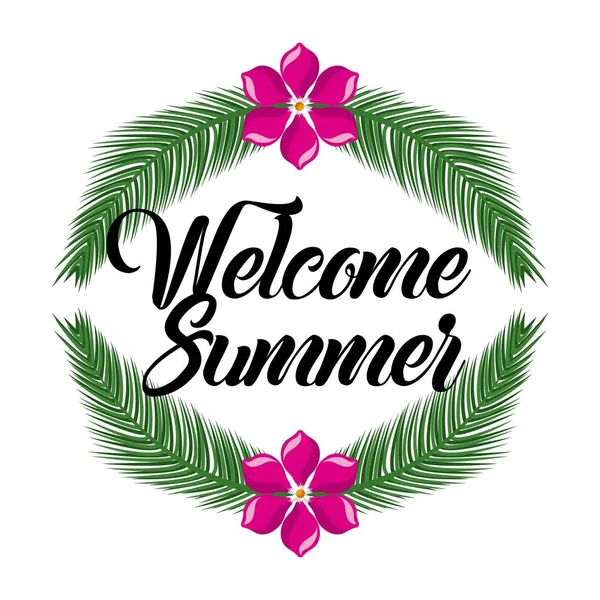 Welcome summer flower and branch leaves palm decoration — Stock Vector