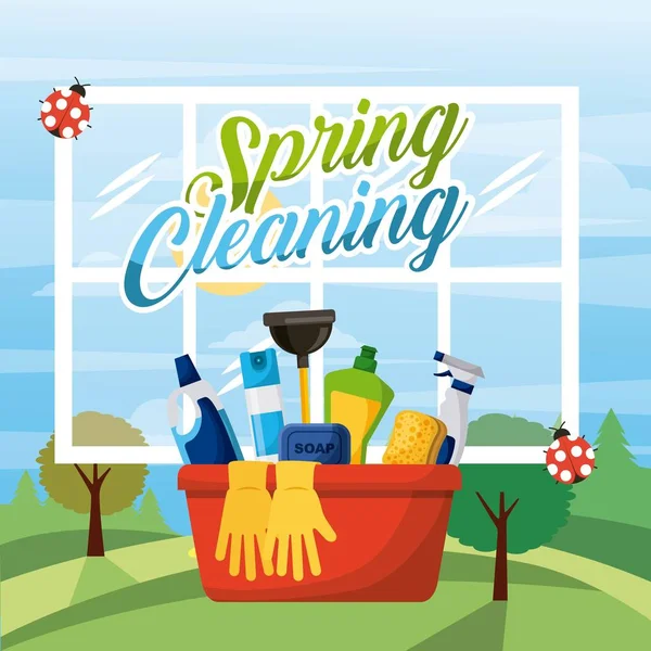 Primavera equipamentos de limpeza balde com janela e paisagem de fundo —  Vetores de Stock