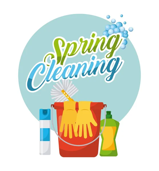 Spring cleaning poster bucket air freshner gloves plastic bottle brush — Stock Vector