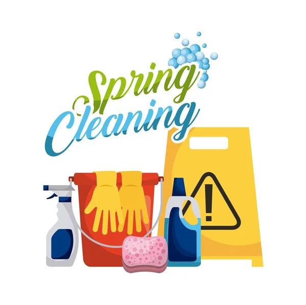 Primavera limpieza guantes cubo esponja spray y tablero de advertencia — Vector de stock