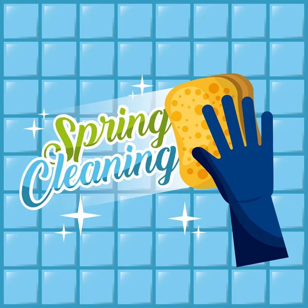 Guante azul de limpieza de primavera con esponja lavar los azulejos de la pared — Vector de stock
