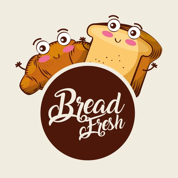 Kawaii ekmek taze kruvasan tost çizgi film gıda etiket — Stok Vektör