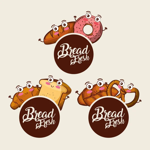 Pão fresco kawaii set comida croissant donut pretzel desenhos animados — Vetor de Stock