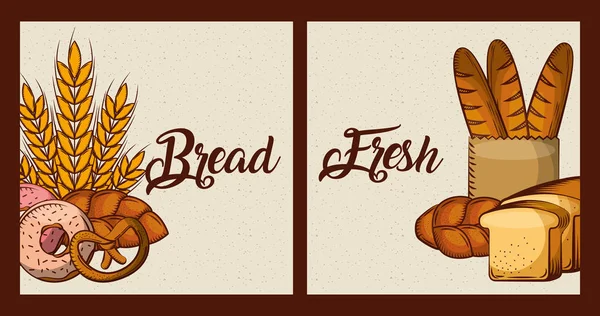 Panes tarjetas frescas panadería productos alimenticios — Vector de stock