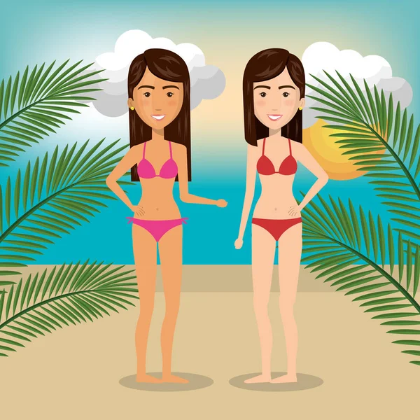 Women characters on the beach — Stock Vector