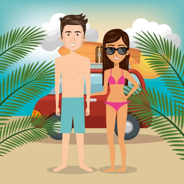 Pareja de personajes en la playa — Vector de stock