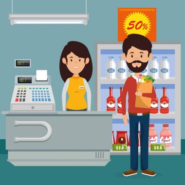 süpermarket bakkaliye alışveriş çantası içinde olan adam