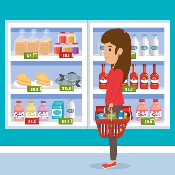 Mulher com supermercado mantimentos — Vetor de Stock