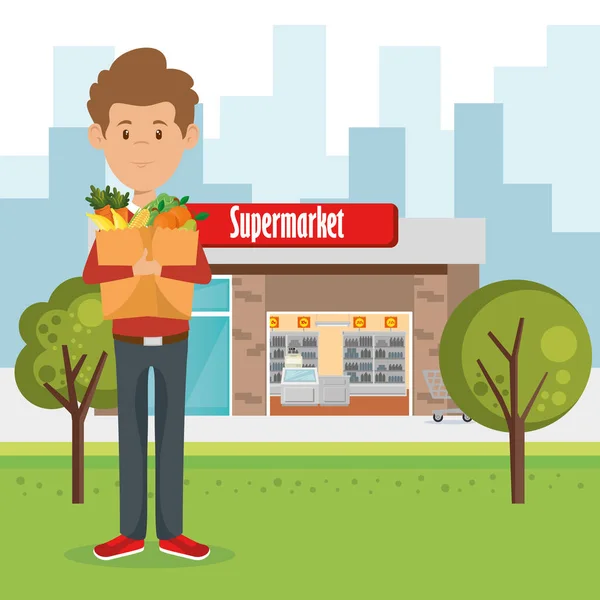 Man met supermarkt boodschappen in boodschappentas — Stockvector