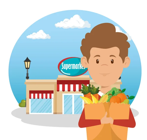 Man met supermarkt boodschappen in boodschappentas — Stockvector