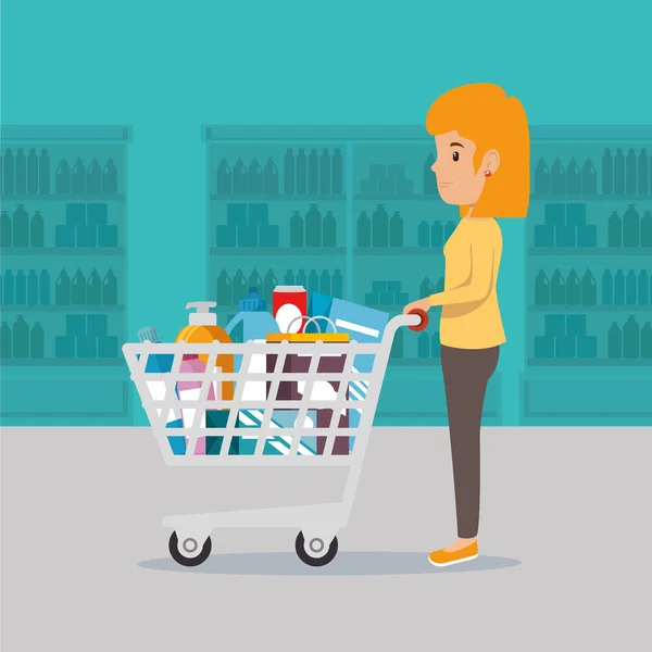 Vrouw met supermarkt boodschappen — Stockvector