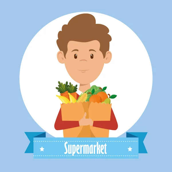 Hombre con supermercado comestibles en bolsa de compras — Vector de stock