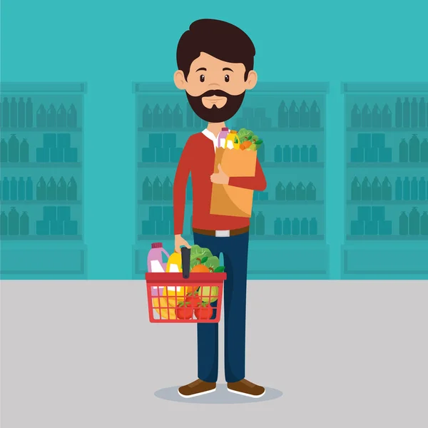 Άνθρωπος με σούπερ μάρκετ παντοπωλεία σε τσάντα για ψώνια — Διανυσματικό Αρχείο
