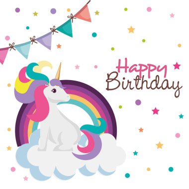 mutlu doğum günü kartı tek boynuzlu at karakter ile