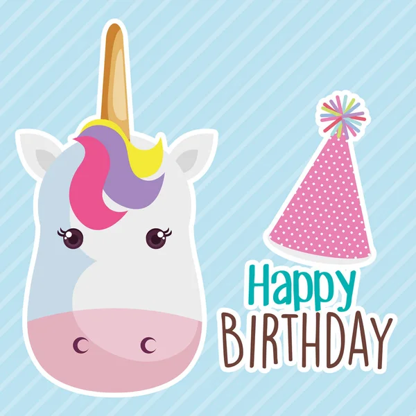 Tarjeta de cumpleaños feliz con carácter unicornio — Vector de stock