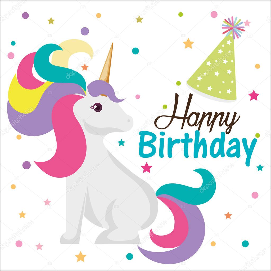 happy birthday card with unicorn character — Stock Vector © yupiramos ...