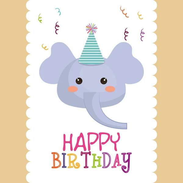 Tarjeta de cumpleaños feliz con carácter elefante lindo — Vector de stock