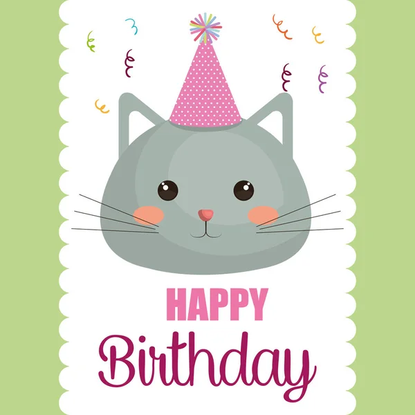 Feliz cumpleaños tarjeta con lindo gato carácter — Vector de stock