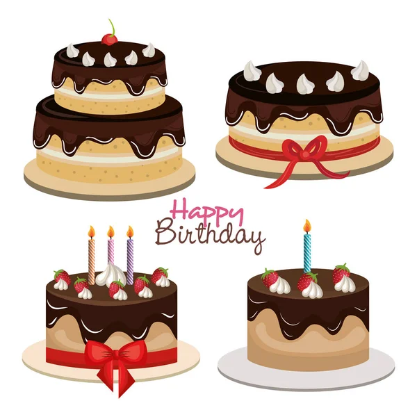 Tarjeta de cumpleaños feliz con pasteles dulces — Vector de stock