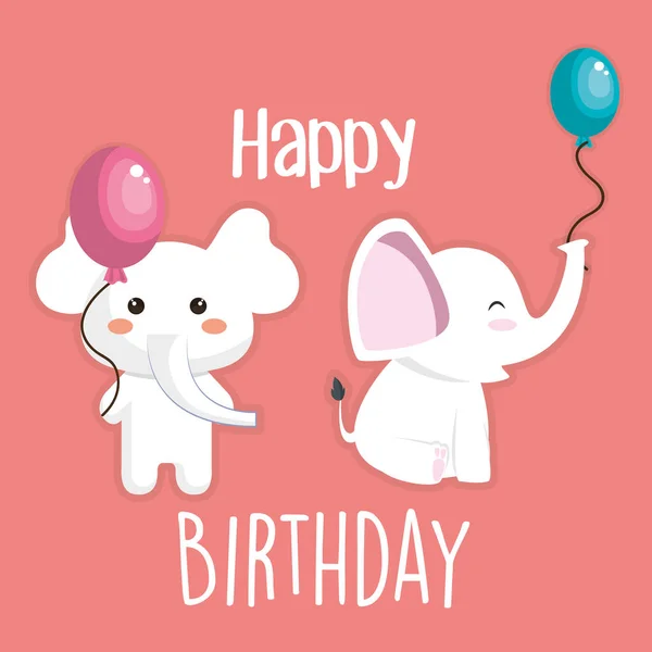 Tarjeta de cumpleaños feliz con carácter elefante lindo — Vector de stock