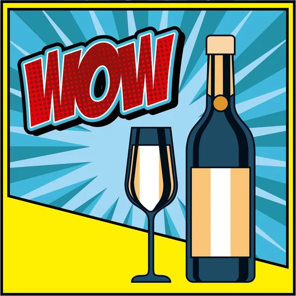 Pop sanat wow şişe şampanya ve cam kutlama — Stok Vektör