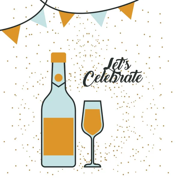 Garrafa de champanhe e vidro permite comemorar —  Vetores de Stock