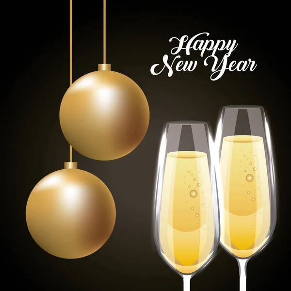 Happy new year pair champagne glass and golden balls decoration — Stock Vector