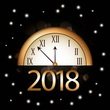 Yılbaşı yeni yıl 2018 altın saat ve parlak siyah arka plan