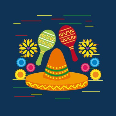 Meksika fötr şapka ve marakas shakers çiçekler dekoratif