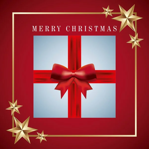 Χαρούμενα Χριστούγεννα κάρτα πρόσκληση δώρο τυλιγμένο κορδέλα τόξο και χρυσά αστέρια — Διανυσματικό Αρχείο