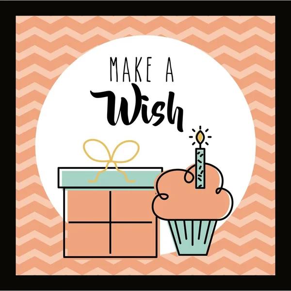 Make a wish card invitation greeting cake and gift celebration — Stock Vector