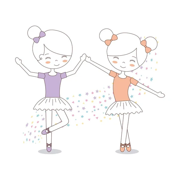 Leuke twee meisje ballerina's met tutu jurk beeld — Stockvector