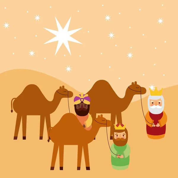 Desenho animado sábio rei com camelo manjedoura tradicional — Vetor de Stock