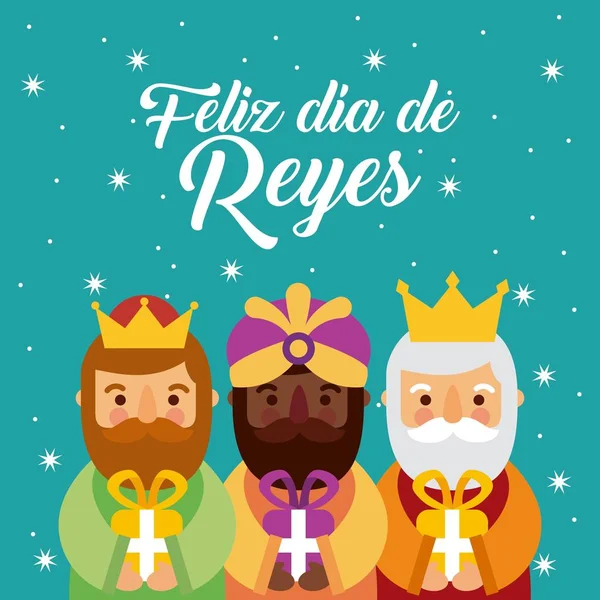 Feliz dia de los reyes three magic kings bring presents to jesus — Stock Vector
