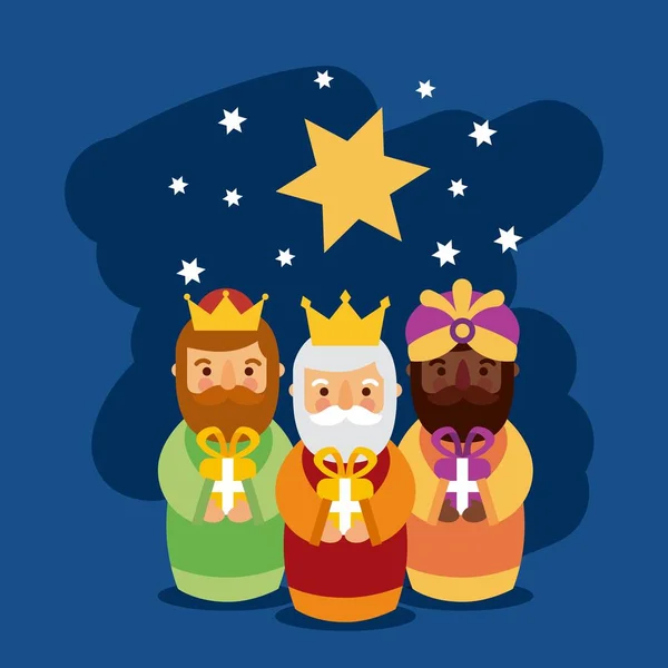 Feliz día de los reyes tres reyes mágicos traen regalos a Jesús — Archivo Imágenes Vectoriales