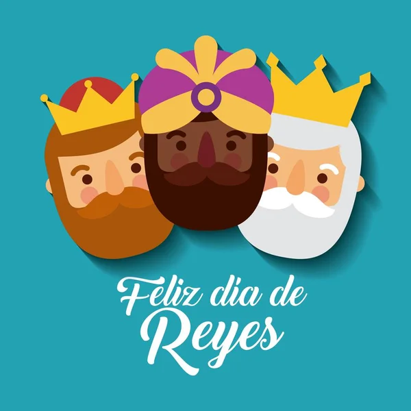 Feliz dia de los reyes three magic kings bring presents to jesus — Stock Vector