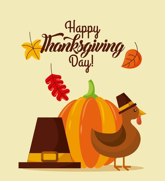 Happy thanksgiving dag met mooie Turkije vogel en pelgrim hoed herfst bladeren — Stockvector