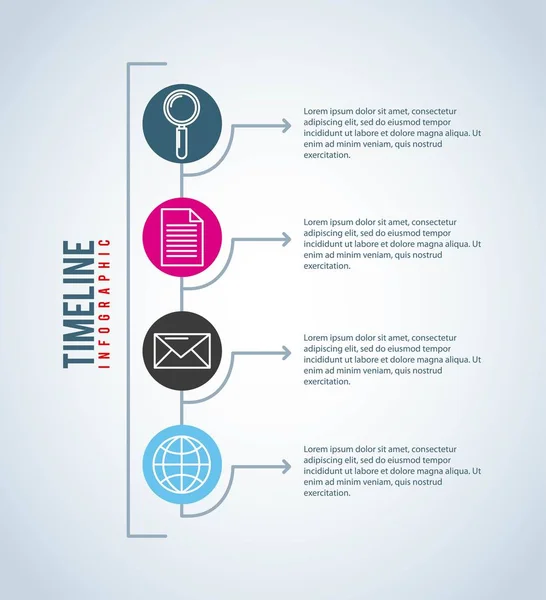 Linea temporale connessione infografica comunicazione email documento lente d'ingrandimento — Vettoriale Stock