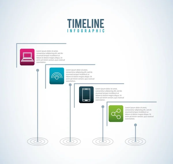 Timeline Infografik Social Media Connection quadratischer Bericht — Stockvektor