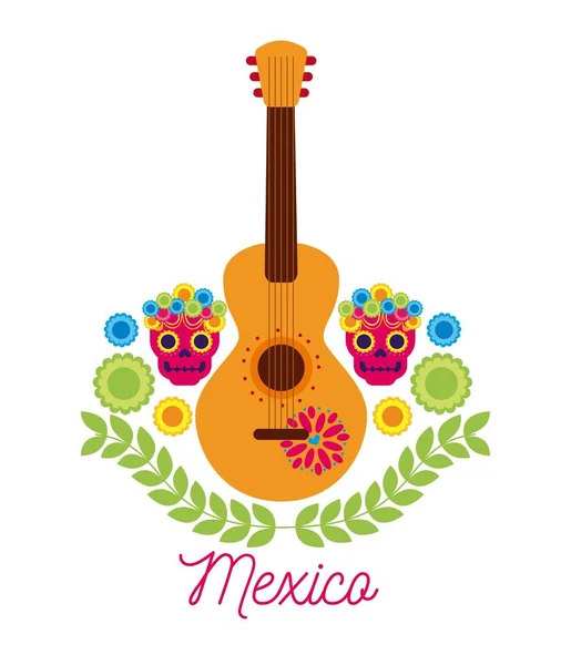 México música guitarra calaveras flor celebración — Vector de stock