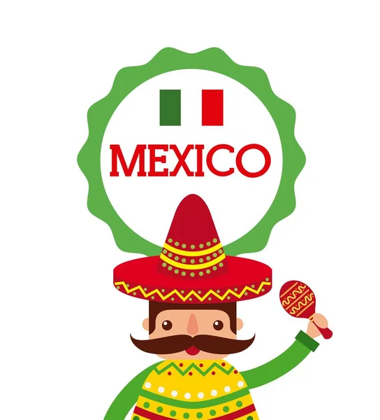 Hombre mexicano de dibujos animados en un sombrero y poncho y maraca — Vector de stock