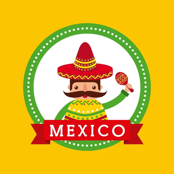 Cartoon mexican man holding maraca with a sombrero and poncho — Stock Vector