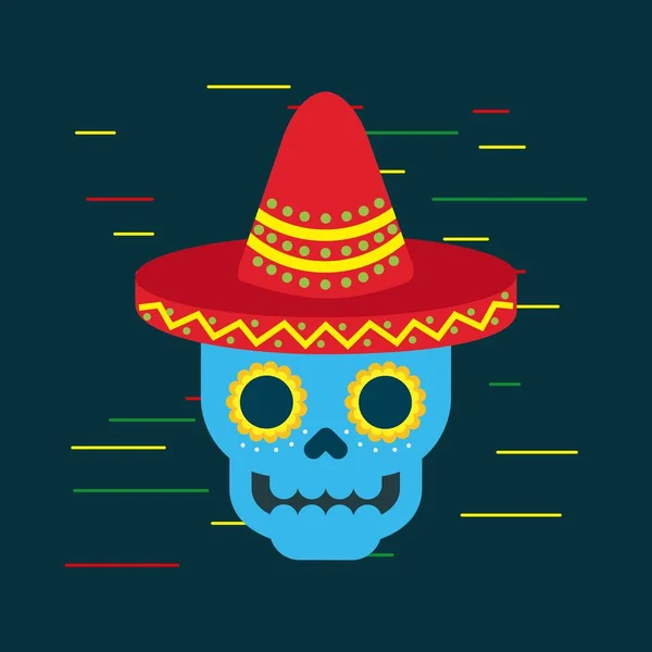 Día del cráneo azul muerto con adorno de sombrero mexicano — Vector de stock