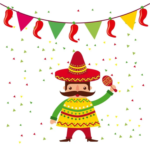 Hombre mexicano de dibujos animados en un sombrero y poncho y maraca — Vector de stock