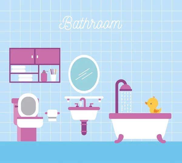 Baño baño ducha papel higiénico gabinete y pato — Vector de stock
