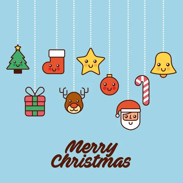 Feliz Navidad tarjeta de felicitación árbol regalo santa campana estrella colgando decoración — Vector de stock