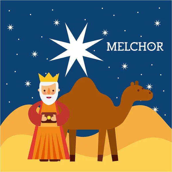 Melchor sábio rei nad camelo sábio rei manjedoura caráter trazendo presente a Jesus —  Vetores de Stock